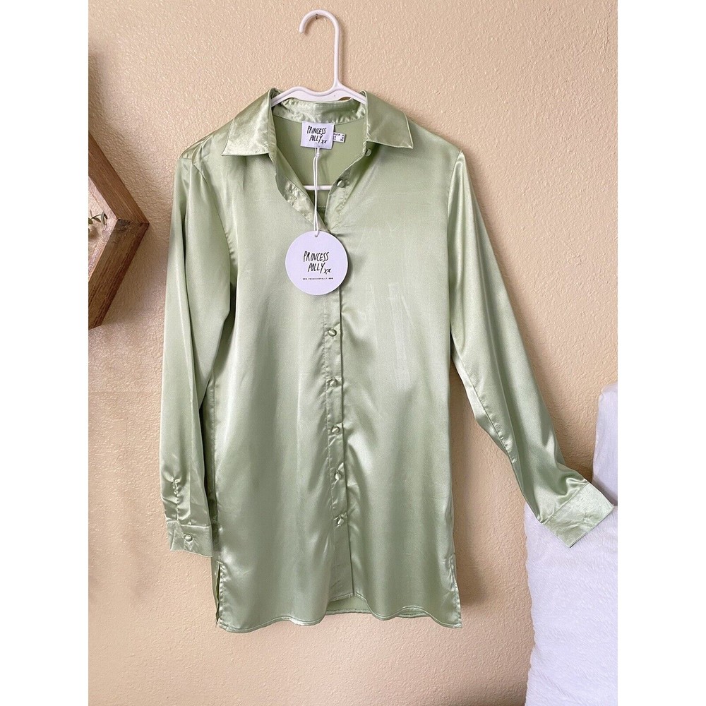 Princess Poly Satin Shirt Mini‎ Dress In Sage Size 0 NWT